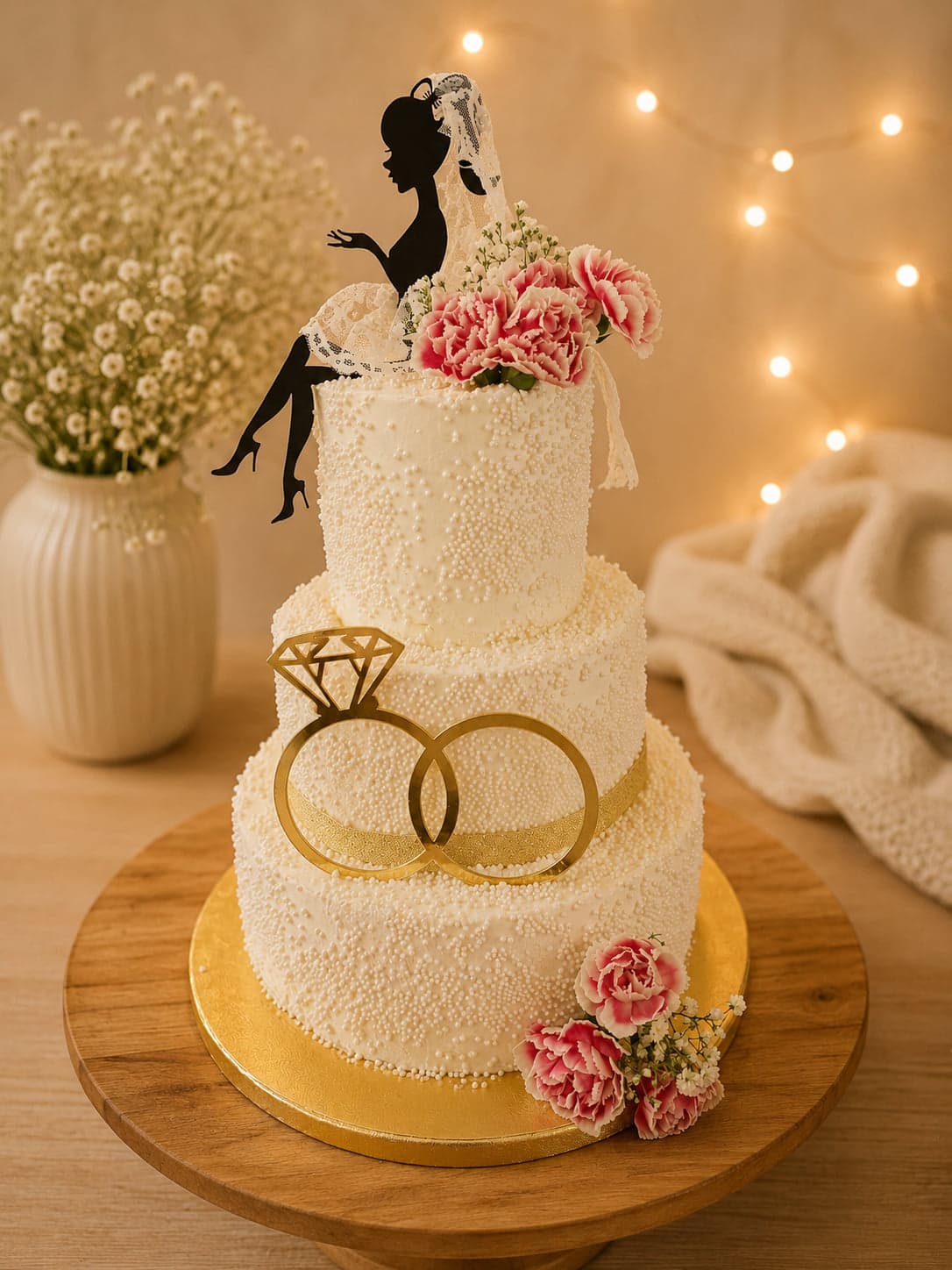 Bruidstaart van drie lagen met suikerperels, gouden ringen, roze anjers en een bruid-silhouet als topper