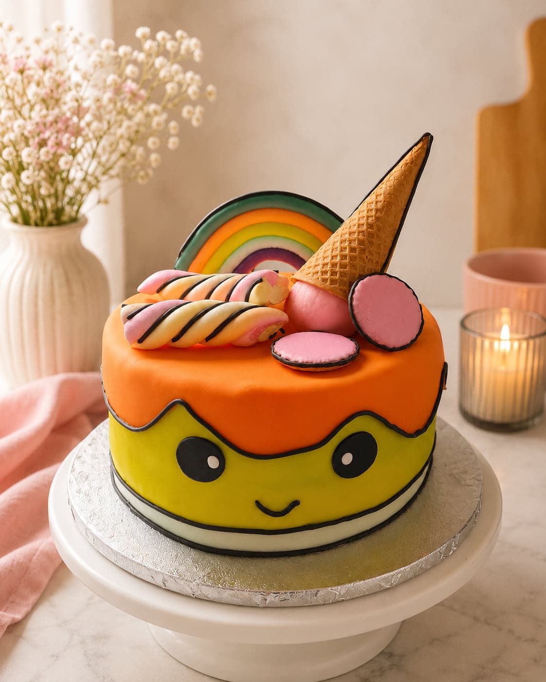 Fondanttaart met een vrolijk gezicht, een regenboog, een ijshoorntje en macarons