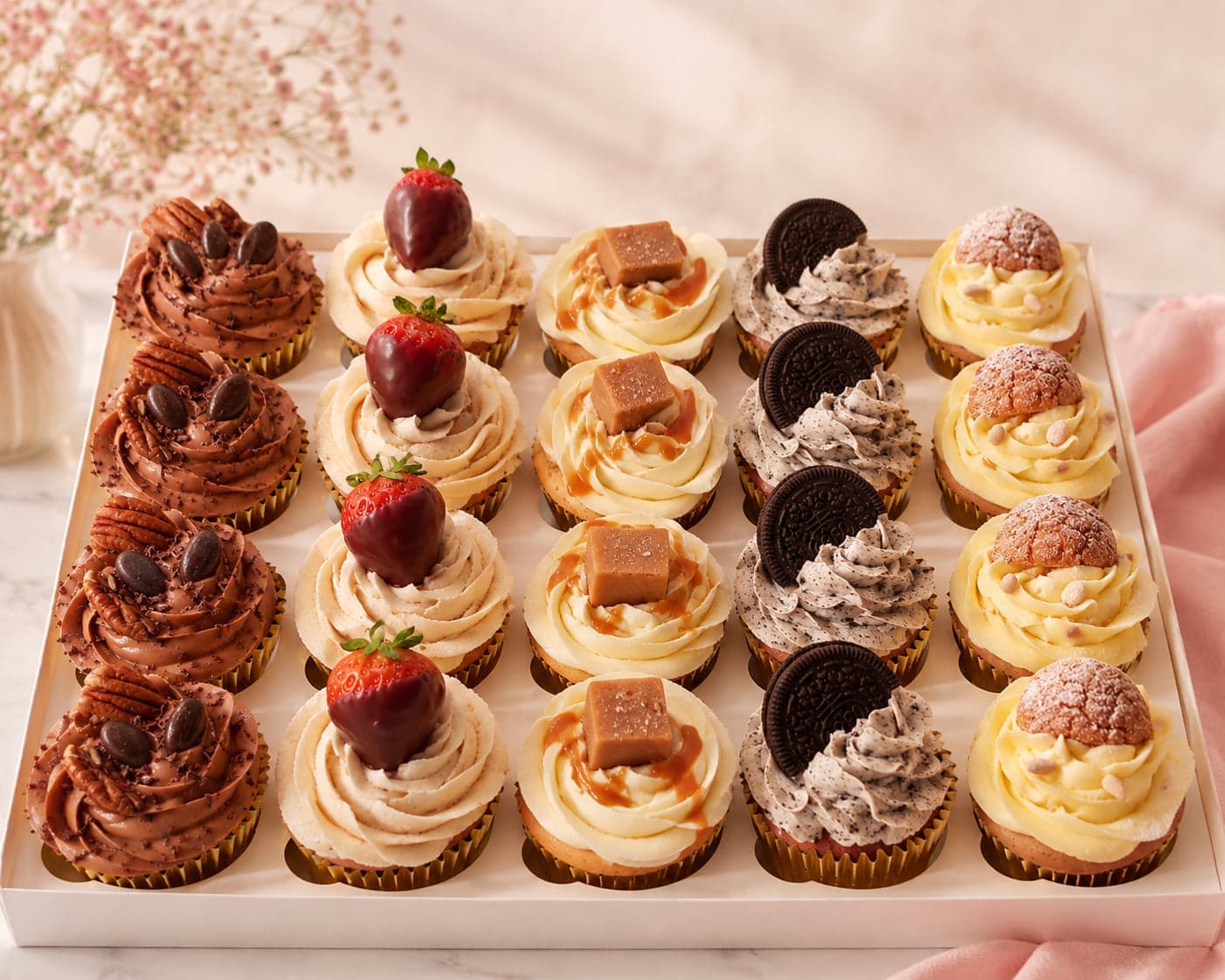 Doos met cupcakes in verschillende smaken, afgewerkt met vanillecrème