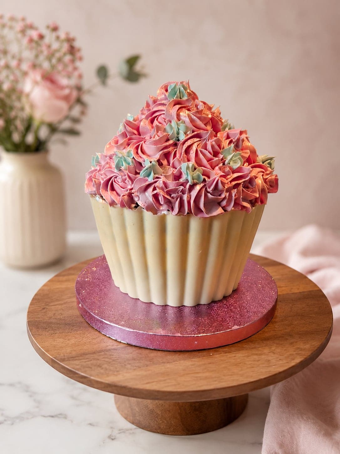 Luxe smash taartje in de vorm van een grote cupcake, met een geribbeld omhulsel van witte chocolade en een berg gespoten toefjes in roze en mintgroen